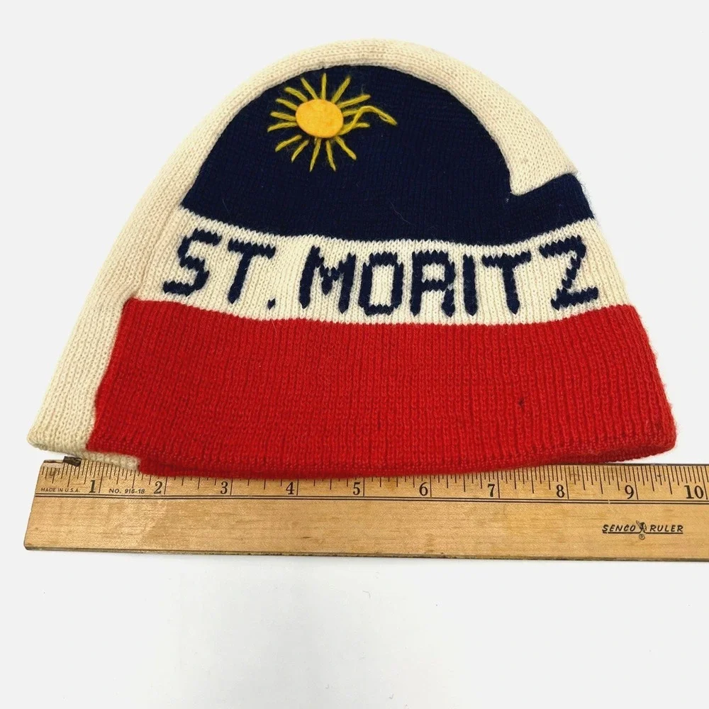 Vintage St Moritz Ski Beanie Wool Knit Hat Switzerland Retro Alpine Apres Ski